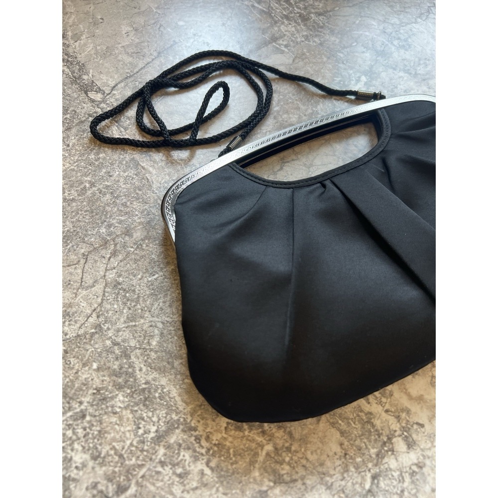 Kate Landry Black Satin Evening Clutch Purse Shoulder Bag Silver Frame - Picture 3 of 12